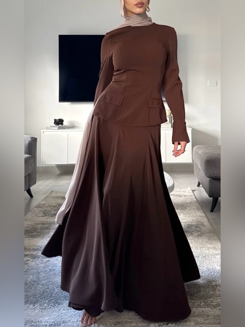 Two Piece Brown Long Sleeve Maxi Dress